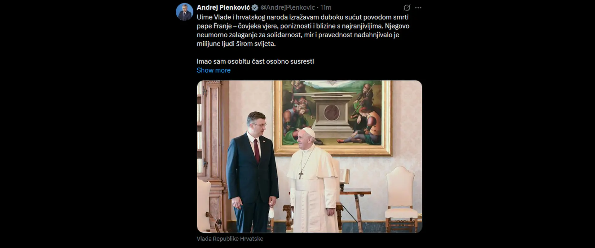 Plenković: imao sam osobitu čast osobno susresti Svetog Oca u Njegovim posljednjim satima Plenković: imao sam osobitu čast osobno susresti Svetog Oca u Njegovim posljednjim satima