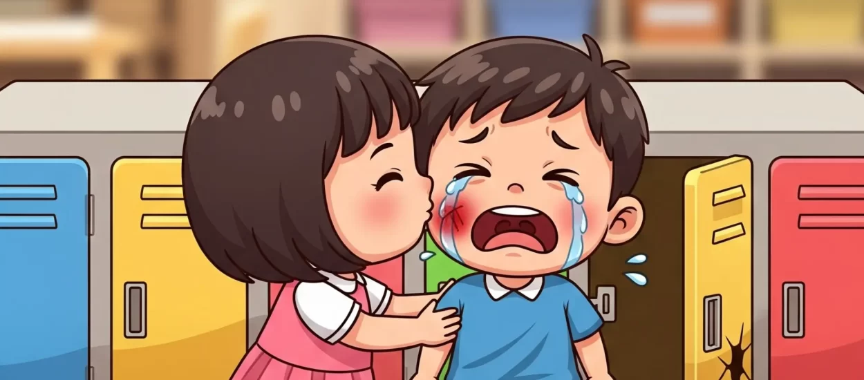 Klinac uplakan udarcem, osupnut utješnom pusicom klinceze | VIDEO